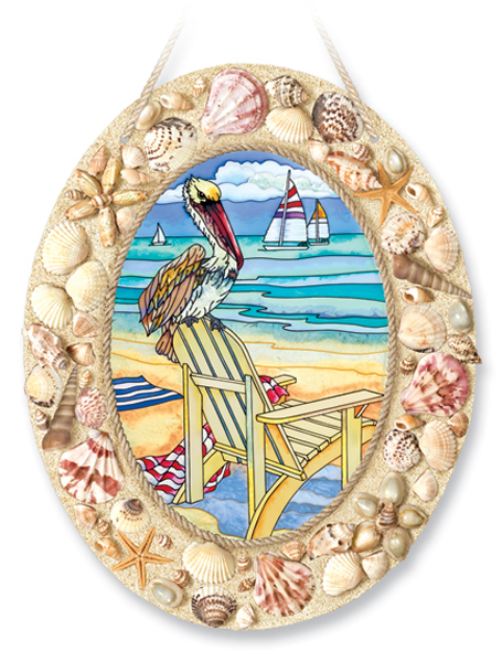 AMIA 6915 Pelican's Perch Seascape Large Oval Stained Glass Suncatcher