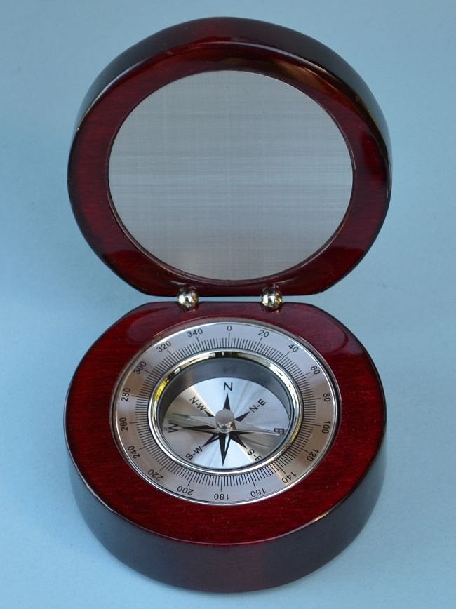 Aluminum Desk Compass in Round Mahogany Case