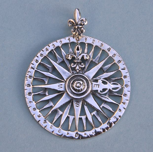 Sterling Silver Compass Rose Pendant with Fleur-de-lis Design