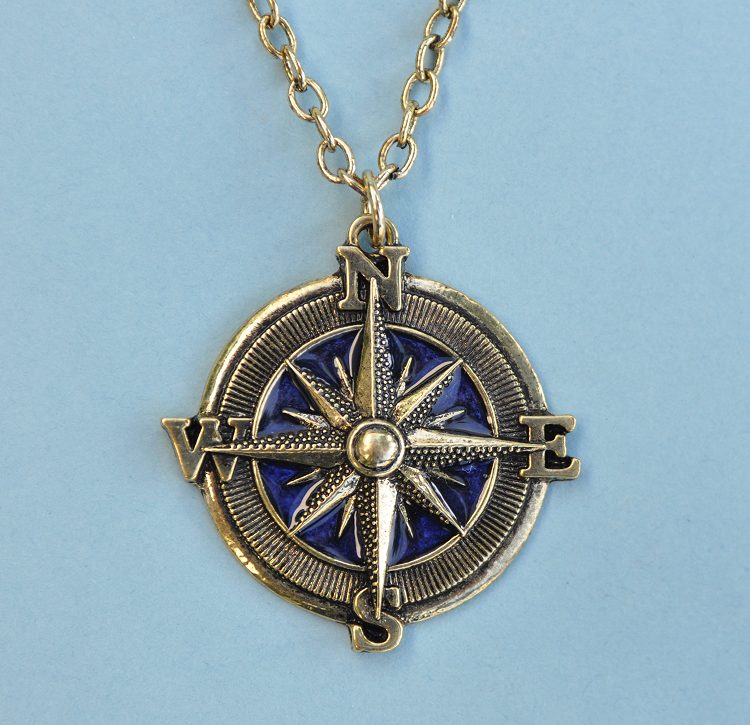 Antique Blue Compass Rose Pendant with Chain