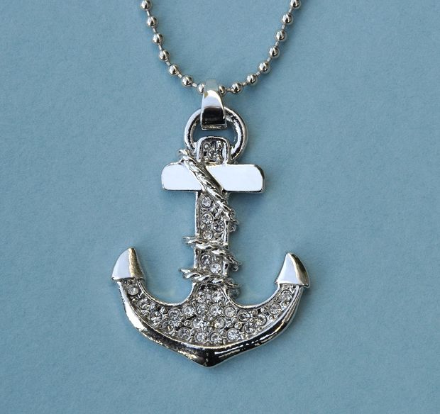 Nautical Anchor Pendant with Rhinestones and Adjustable Beaded Chain