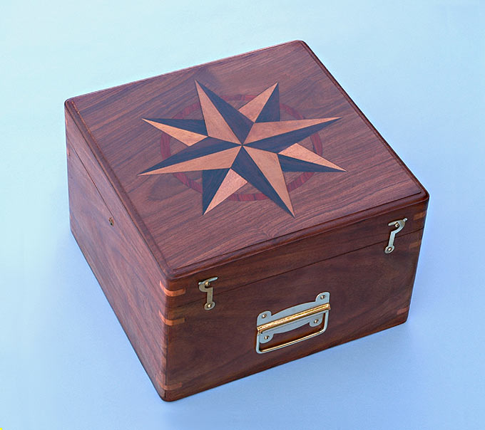 Large Boxed Compass with Hand Inlaid Compass Rose